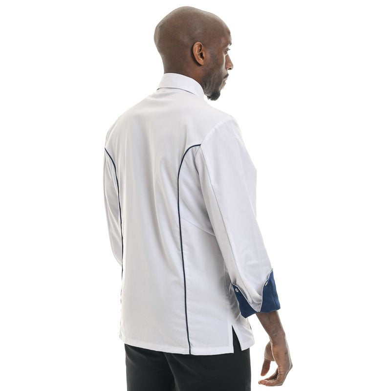 Détail passepoil bleu marine sur le côté de la veste de cuisine homme Casualcook Manelli