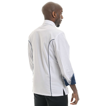 Détail passepoil bleu marine sur le côté de la veste de cuisine homme Casualcook Manelli