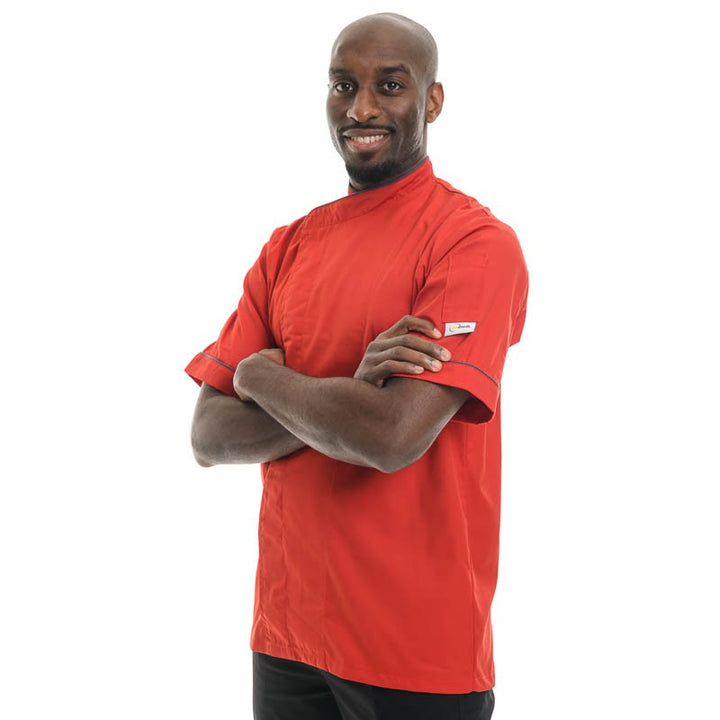 Veste de cuisine rouge liseré gris - MC, idéal pour les périodes estivales