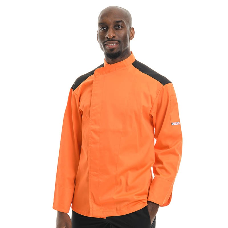 Veste de Cuisine Orange - First, bouton pression caché aisance des mouvements