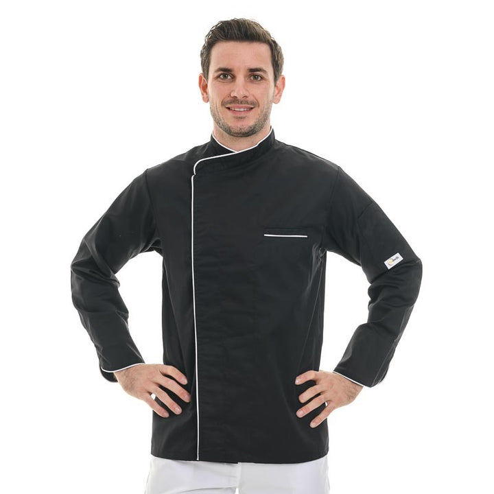 Veste de cuisine noire liseré long blanc manches longues MANELLI