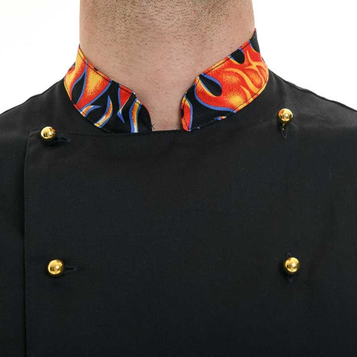 CHEF JACKET DEVIL, noir avec motif flamme, avec boutons visibles