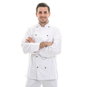 Veste de Cuisine Col Italien, blanche, double boutonnage noir