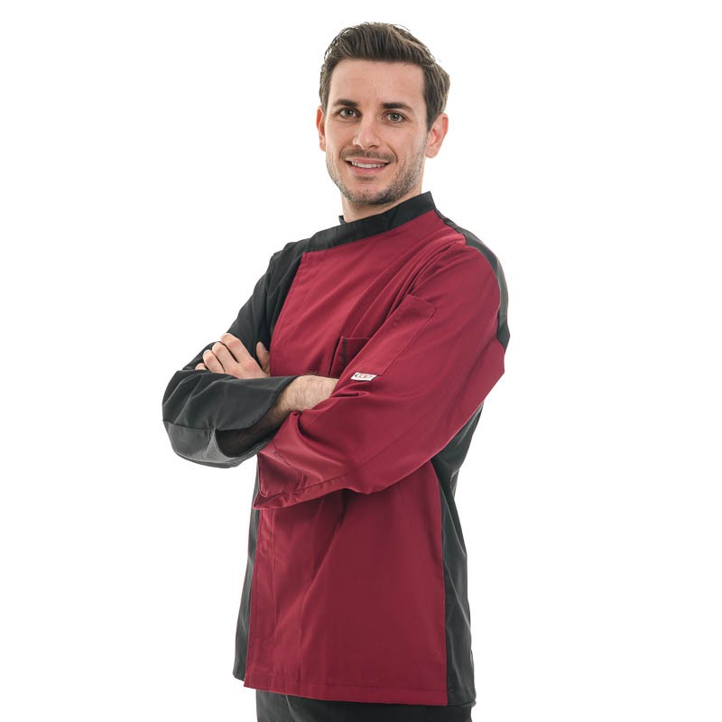 Veste de cuisine bicolore, noire et bordeaux, boutons pression