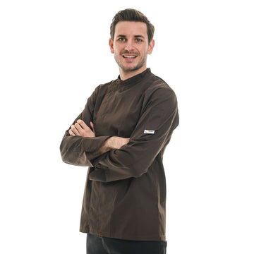 veste cuisine marron manche courte, boutons pression cachés