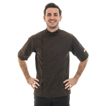 Veste de cuisine homme marron MC, manche courte, boutons pression cachés