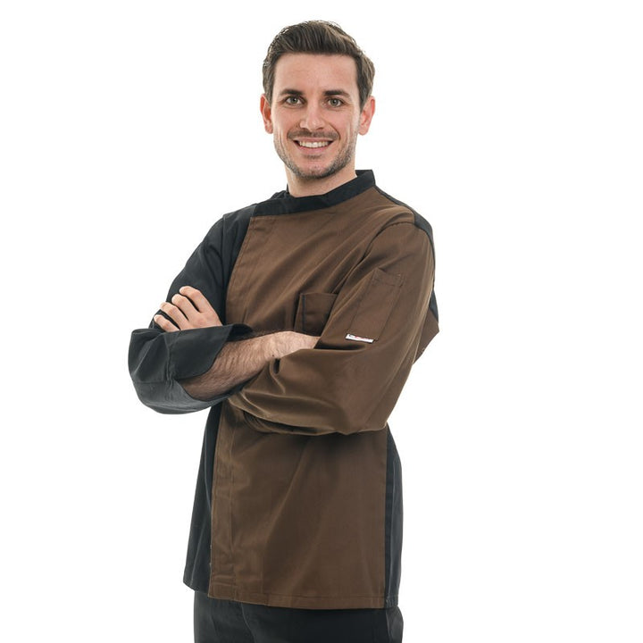 Veste de Cuisine Marron Noir Respirante, bicolore, manches longue, coupe droite
