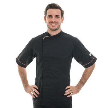 Veste de Cuisine Noire Liseré Beige Manches Courtes, bouton pression caché