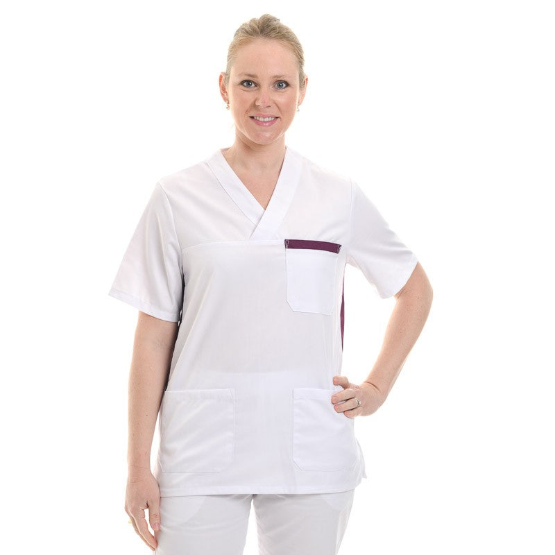 Blouse médicale femme blanc et prune manches courtes promo confort