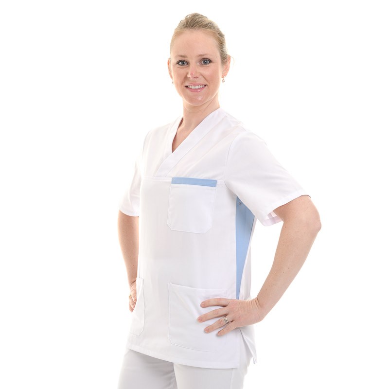 Blouse médicale femme blanc et bleu ciel - MANELLI