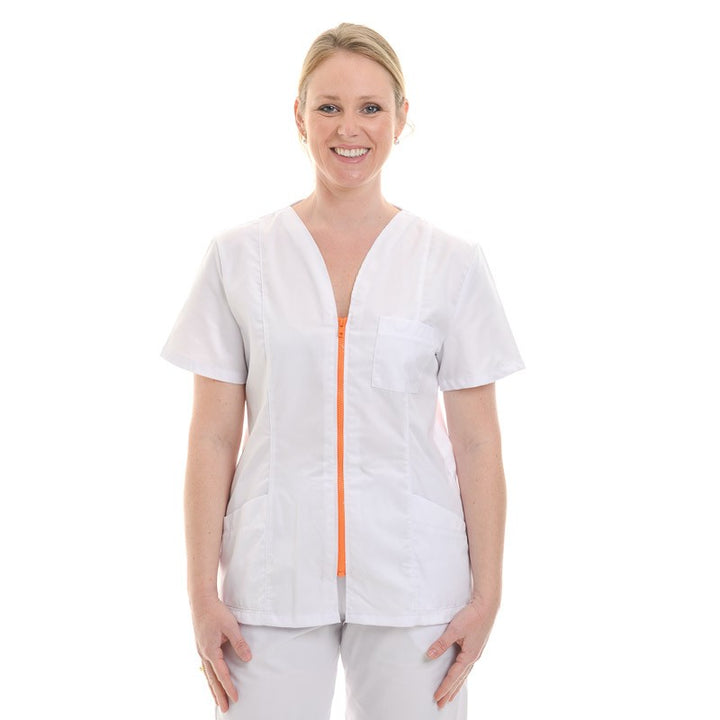 Blouse medicale blanche et orange manches courtes promo confortable pas cher