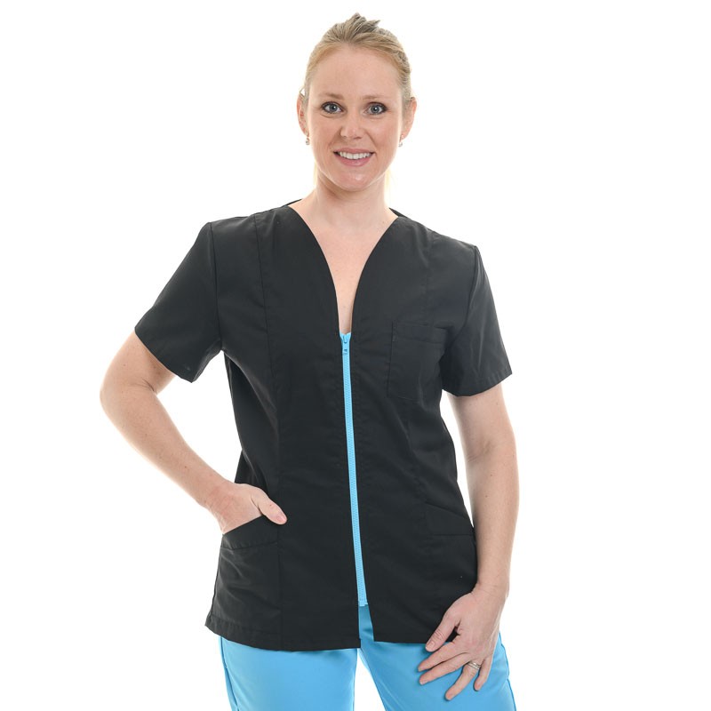 Blouse médicale noire fermeture éclair bleu turquoise