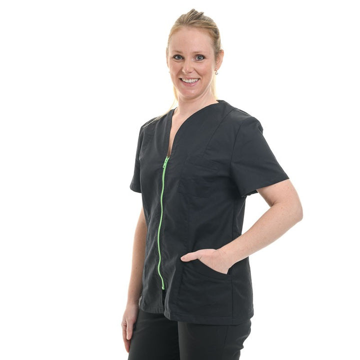 Blouse médicale noire fermeture éclair vert manches courtes promotions confortables pas cher