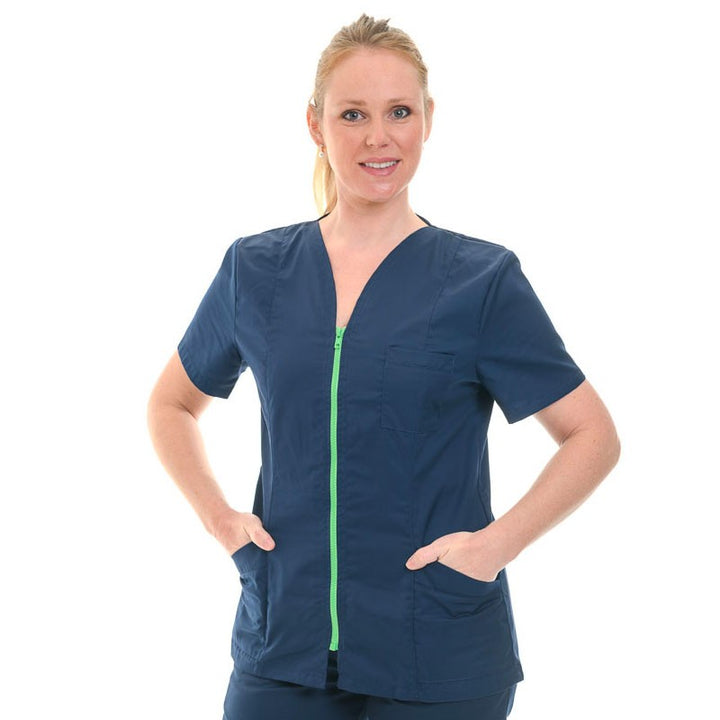Blouse médicale bleu marine fermeture éclair verte manches courtes promotions confortables pas cher