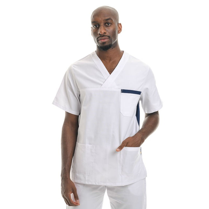 Blouse médicale mixte blanche et bleu marine - MANELLI