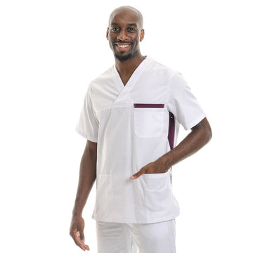 veste medicale mixte blanche et prune Manelli