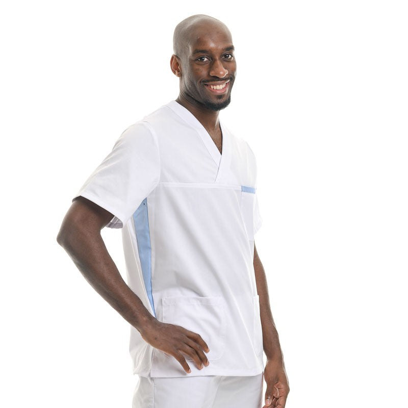 Blouse médicale mixte blanc et bleu ciel manches courtes promotion