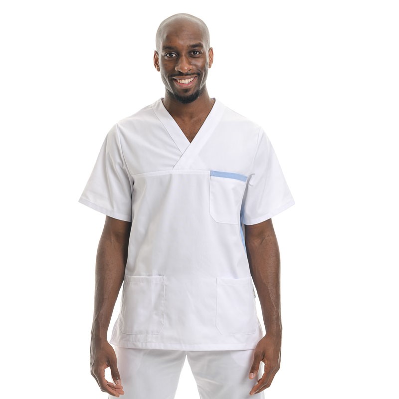 Blouse médicale mixte blanc et bleu ciel - MANELLI