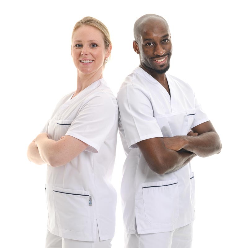 Tunique médicale blanche homme liseré Bleu Marine