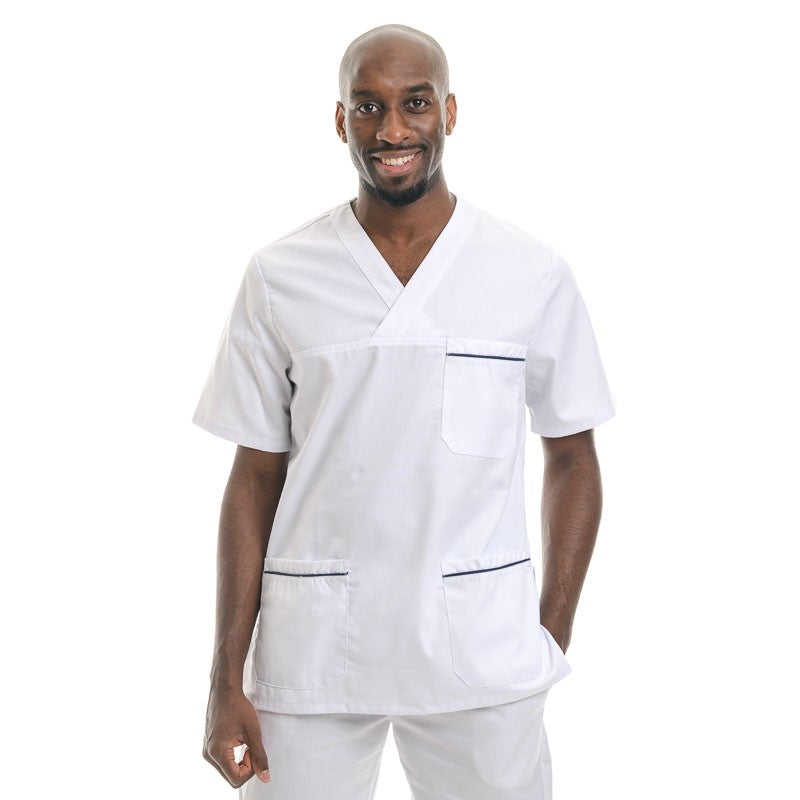 Tunique médicale blanche mixte liseré Bleu Marine poche confort
