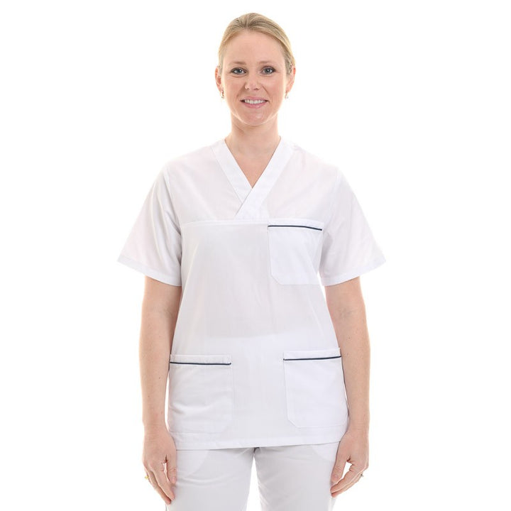 Tunique médicale blanche femme liseré Bleu Marine col en V