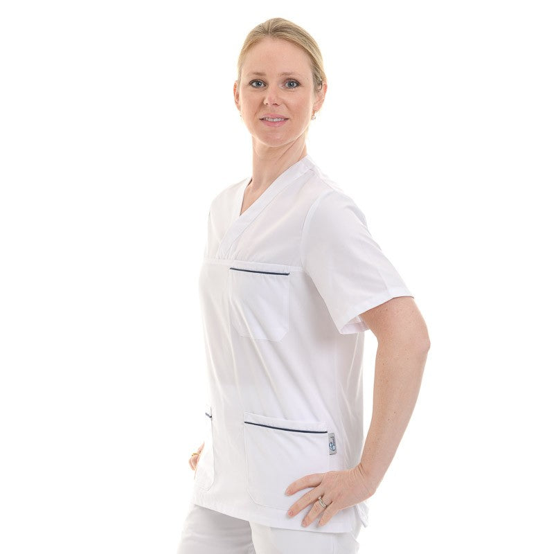 Tunique médicale blanche mixte liseré Bleu Marine col en V