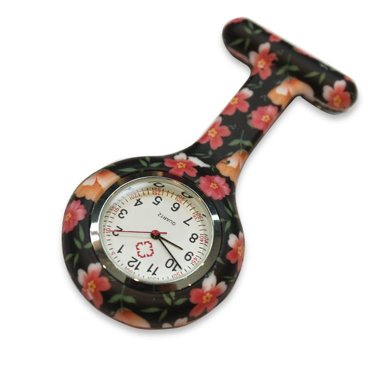 Montre Infirmière noire fleurs