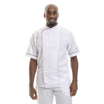 Veste de cuisine blanche liseré bordeaux mc