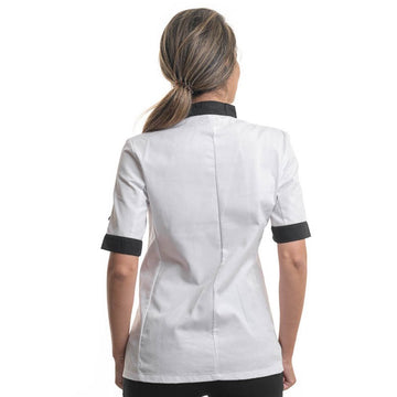 Dos de la veste de cuisine Manelli avec détail du col et des manches en coloris noir