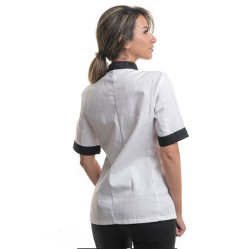Veste de cuisine femme coupe féminine à manches courtes en coloris blanc et détail noir sur col et manche Manelli - Gamme Jena