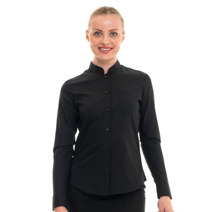 Chemisier de Service Femme Col Mao Noir Manches Longues - TOPTEX