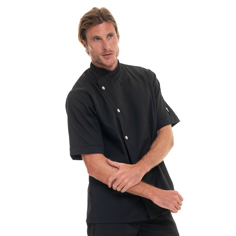 Veste de cuisine noire boutons argentés - MANELLI - Manches longues , asymétrique boutons pressions côté