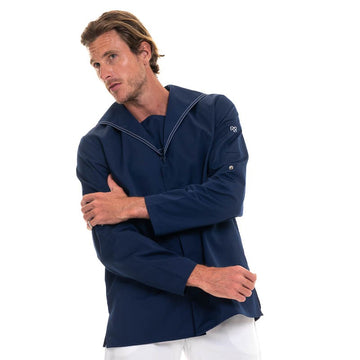 vareuse cuisine bleue avec surpiqure blanches