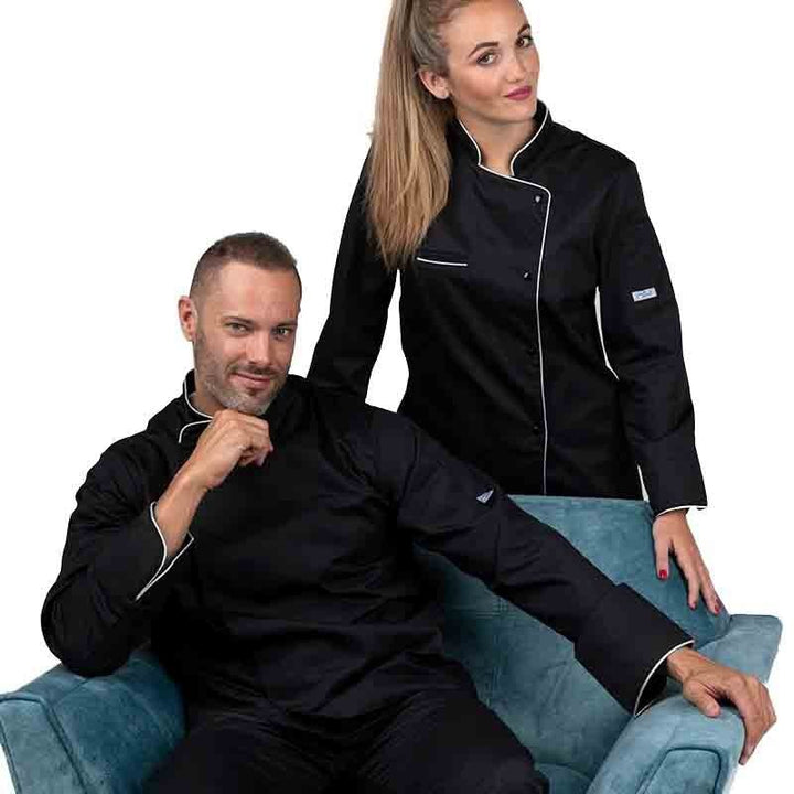 veste pâtissier noir liseré argent fête, disponible en modèles pour femme