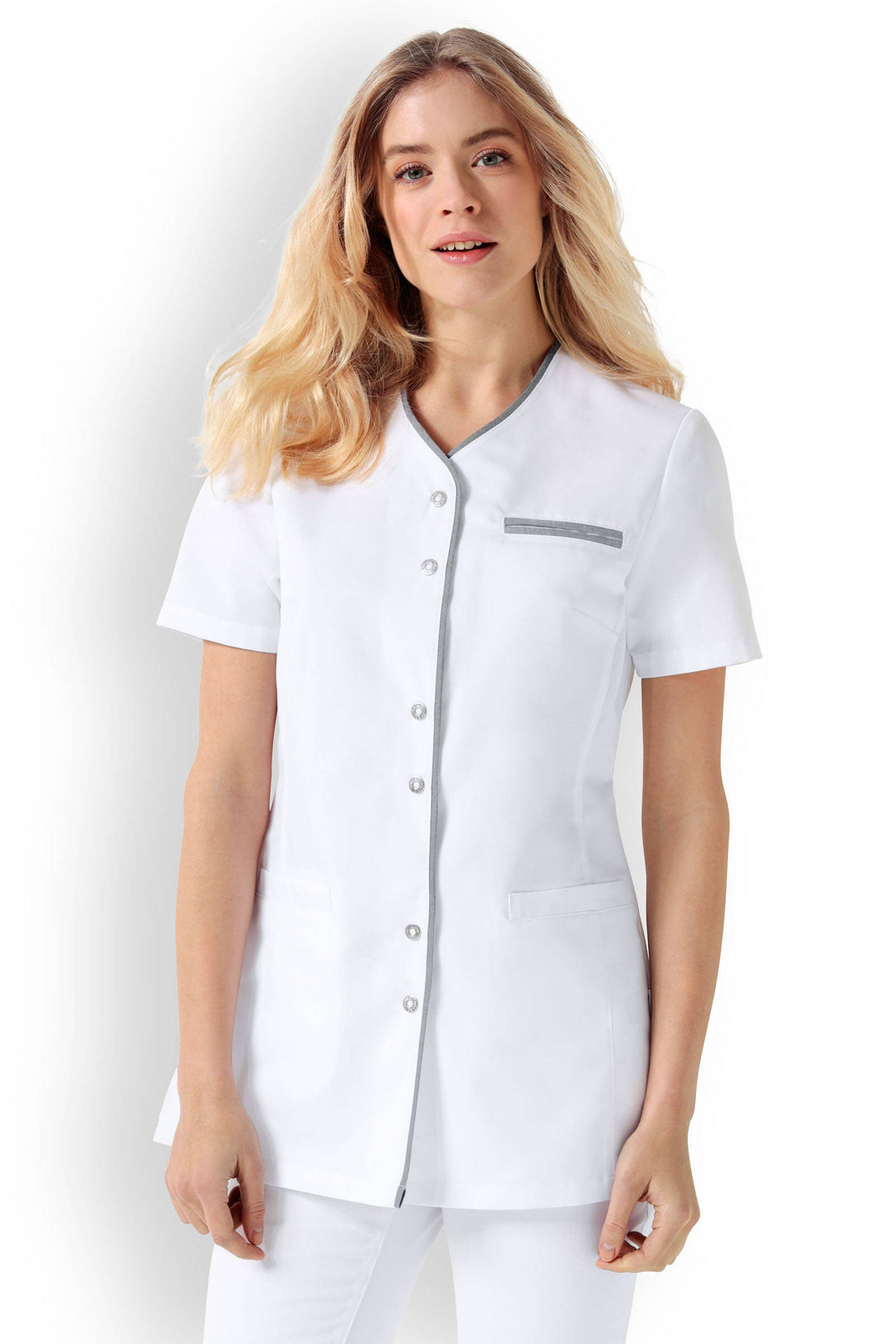 blouse esthéticienne blanche liseré noir