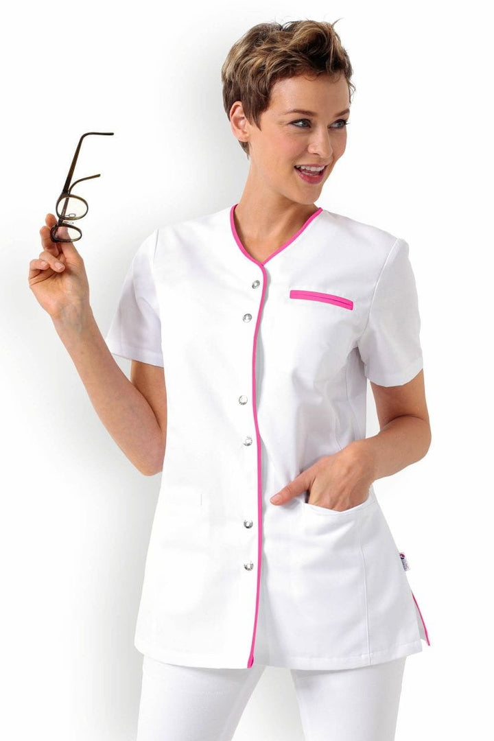 Blouse médicale blanche liseré rose pour femme manches courtes