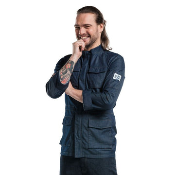 veste de cuisine bleue denim look moderne