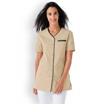 clinic dress blouse beige avec liseré gris