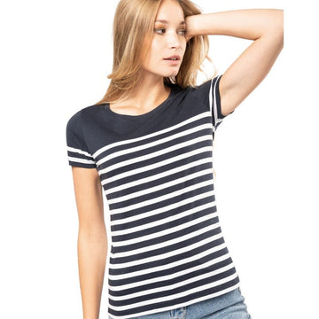 t-shirt marine toptex femme bleu et blanc
