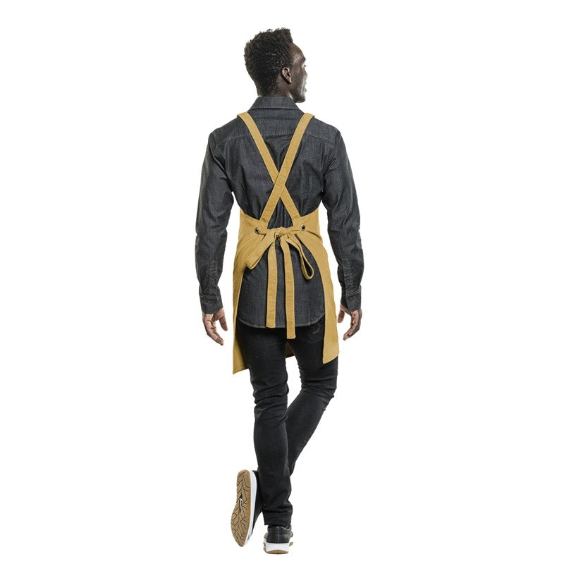 tablier Chaud Devant en velours jaune avec dos en croix