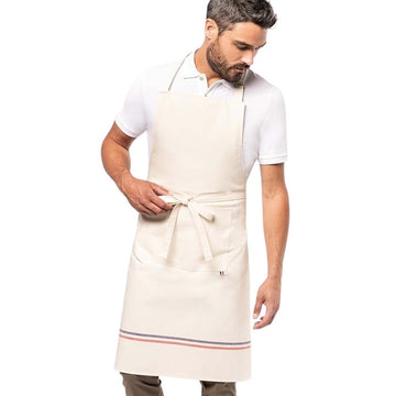 Tablier de cuisine beige liseré tricolore porté de face