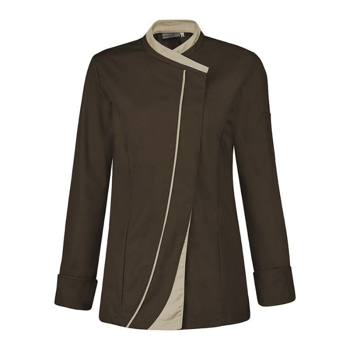 Veste de Cuisine Femme Saffron Manches Longues Marron Liseré Beige