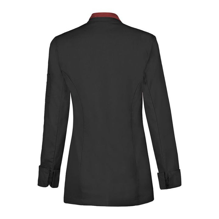 Dos de la Veste de Cuisine Femme Saffron Manches Longues Noir Liseré Rouge - LAFONT