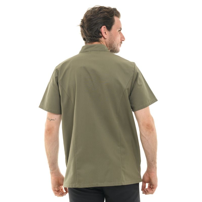 Dos de la veste de cuisine Texas Manelli coloris Kaki - modèle manches courtes avec poche stylo et poche poitrine