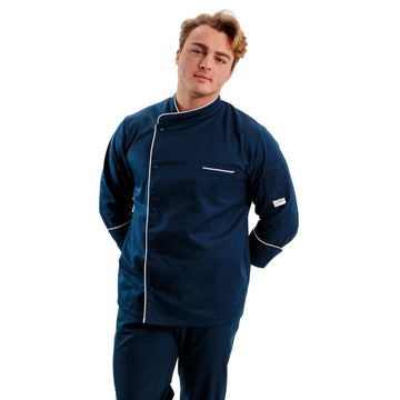 Veste de cuisine bleue liseré blanc ML, manche longue, poche poitrine