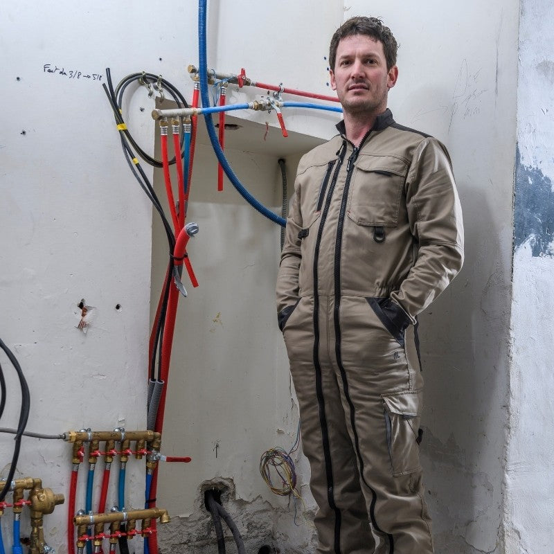 Combinaison Travail 2 Zip Wire Beige  portée de face