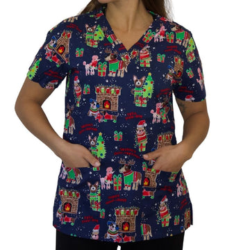 face poches Blouse Médicale Femme Col V Motif Noël - CHEROKEE