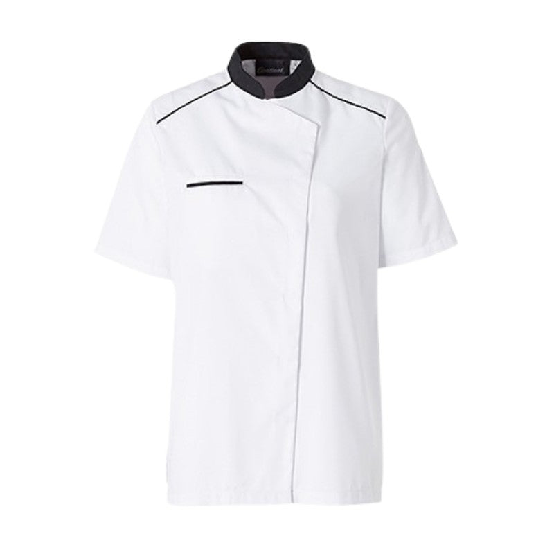Veste de cuisine femme avec col, neospirit MOLINEL. Coloris blanc avec liseré noir
