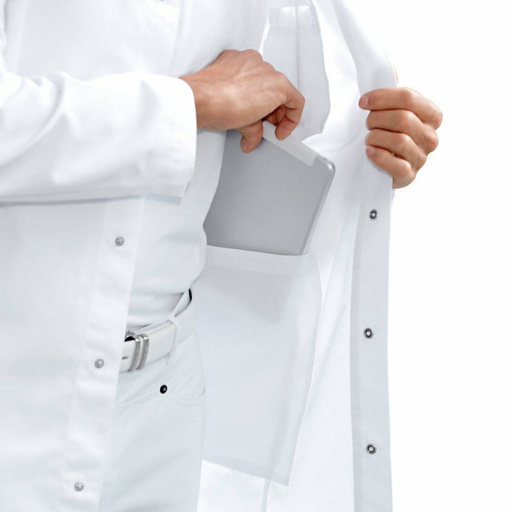 blouse blanche médicale homme mi-longue poche intérieure