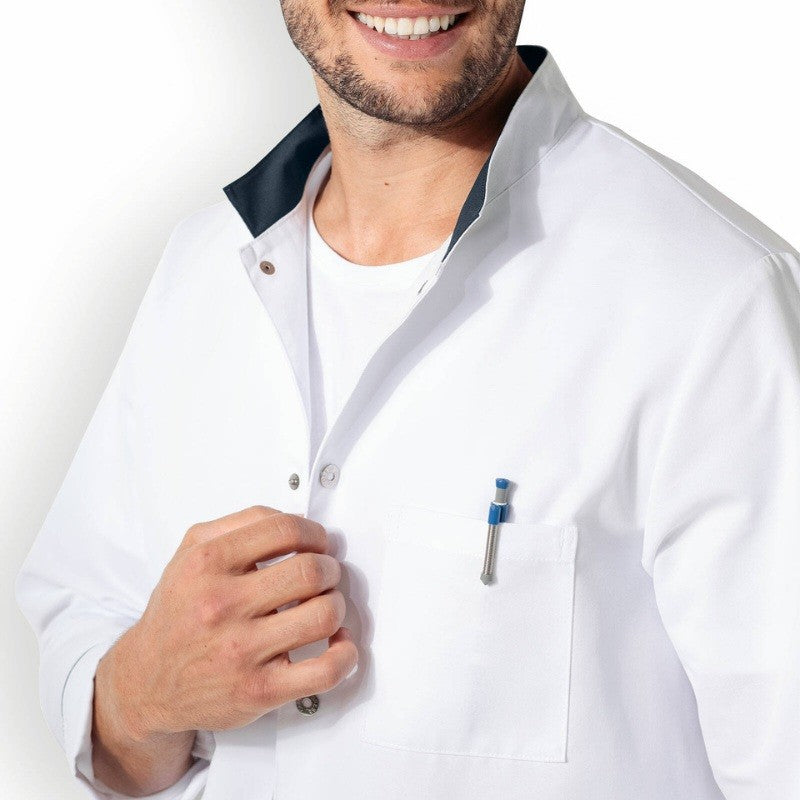blouse médicale blanche et navy homme mi-longue, manches longue